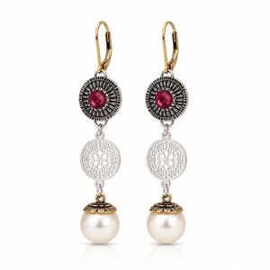 Pearl Drop Dangle Earrings with Pink Crystal Accent